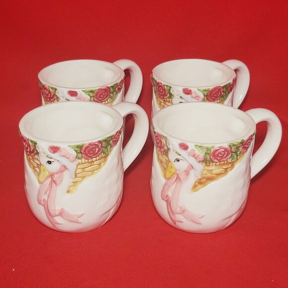 Vintage Otagiri Japan Goose Pink Tea Rose Cup Mug Set of 4 - Picture 1 of 11